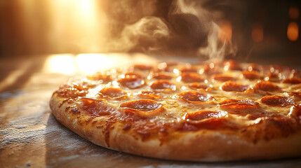 Hot pepperoni pizza baking in oven steam rising close up food photography