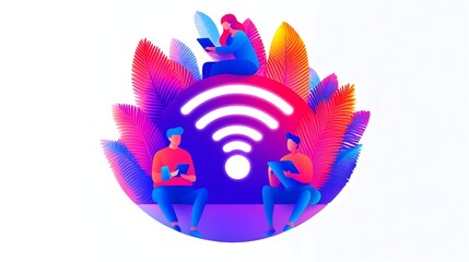 People using devices on wifi, tropical leaves background, internet access
