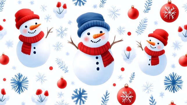 Cheerful snowmen winter holiday seamless pattern