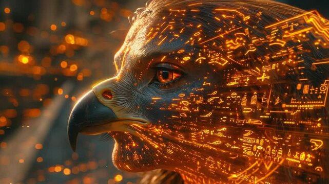 Technological Golden Eagle with Circuitry Overlay in Detailed Close-up