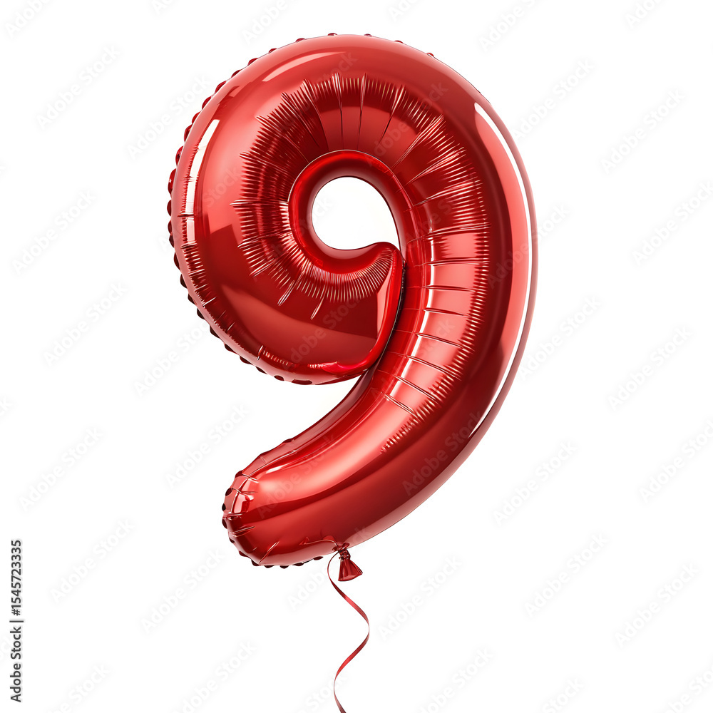 Fototapete a balloon shaped like the number 9,glossy red metallic finish with realistic reflections and smooth 