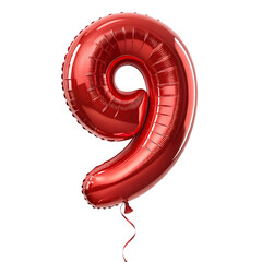 A balloon shaped like the number 9,glossy red metallic finish with realistic reflections and smooth texture.