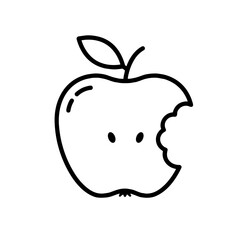 Line drawing of bitten apple with leaf on white background  