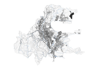 Obraz premium Description & Keywords Description: Prešov map showcasing highways, buildings, and waterways. Detailed vector illustration for urban planning or decor.