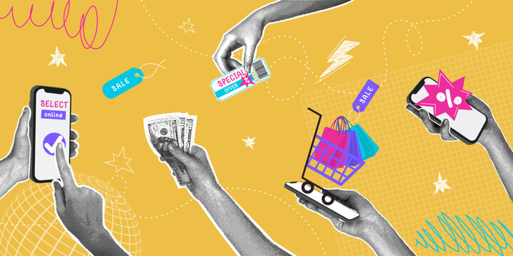 Trendy halftone collage. Online stores and e-commerce illustration. Online store concept, mobile website, shopping app. Stylish modern design of a discount advertising poster. Vector illustration