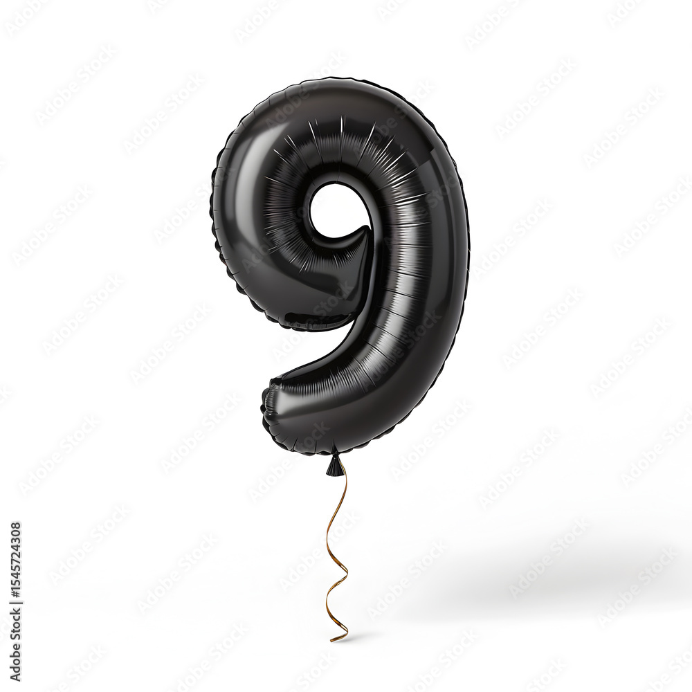 Fototapete a balloon shaped like the number 9,matte black metallic finish with realistic reflections and smooth
