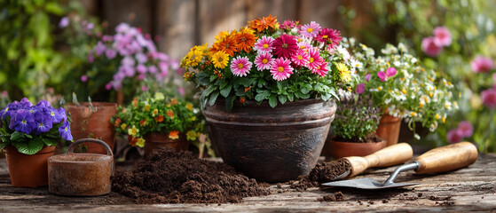 A colorful flower arrangement in a pot with gardening tools on a wooden table in a garden setting outdoors