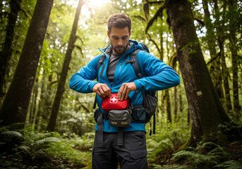 Hiker is putting a first aid kit in backpack while hiking in a forest