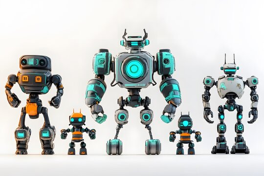 A group of futuristic robots in different sizes against a clean white background highlighting innovation and technology - Powered by Adobe