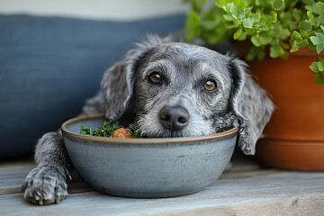 Senior dog resting head on bowl of food outdoors