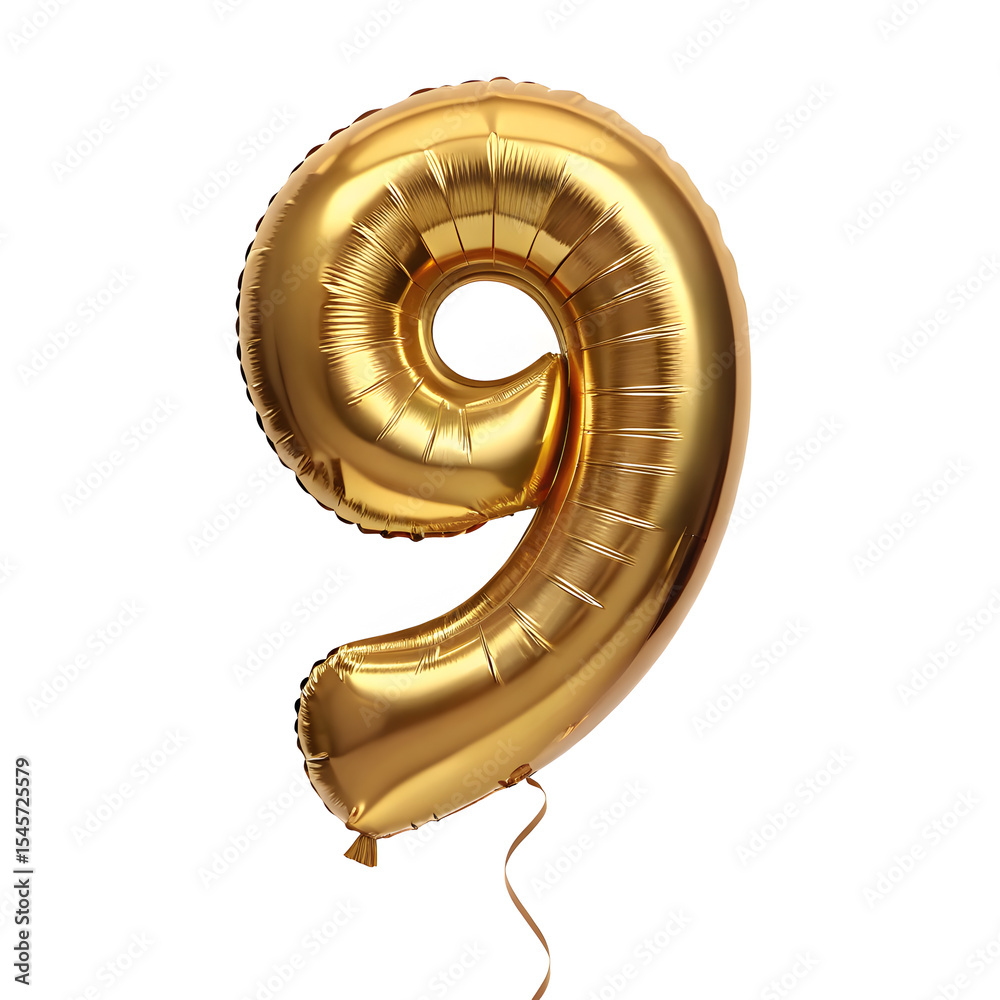 Fototapete a balloon shaped like the number 9 ,gold metallic finish with realistic reflections and smooth textu