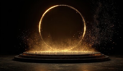 Glowing golden ring atop a dark, tiered platform, surrounded by shimmering particles in a dimly lit environment