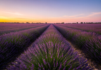 Obraz premium Lavender Field in Provence at Sunrise, Representing Tranquility and Aromatherapy Wellness, Ideal for Travel and Tourism Marketing