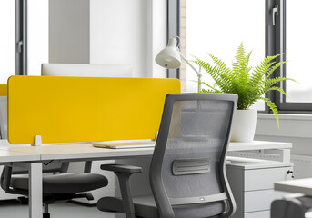Modern office workspace with a grey mesh chair, yellow partition, and potted fern, showcasing a minimalist and productive work environment