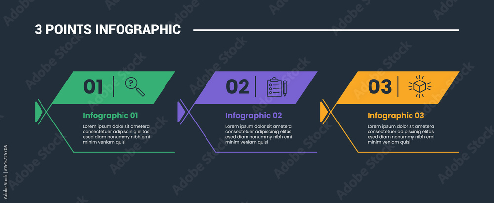 Poster 3 stage infographic process diagram with fish box container with thick header and open cut box with 