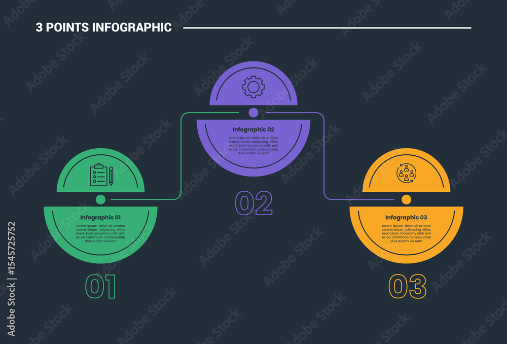 Aufkleber 3 stage infographic process diagram with circle slice combination with line up and down with dark ba
