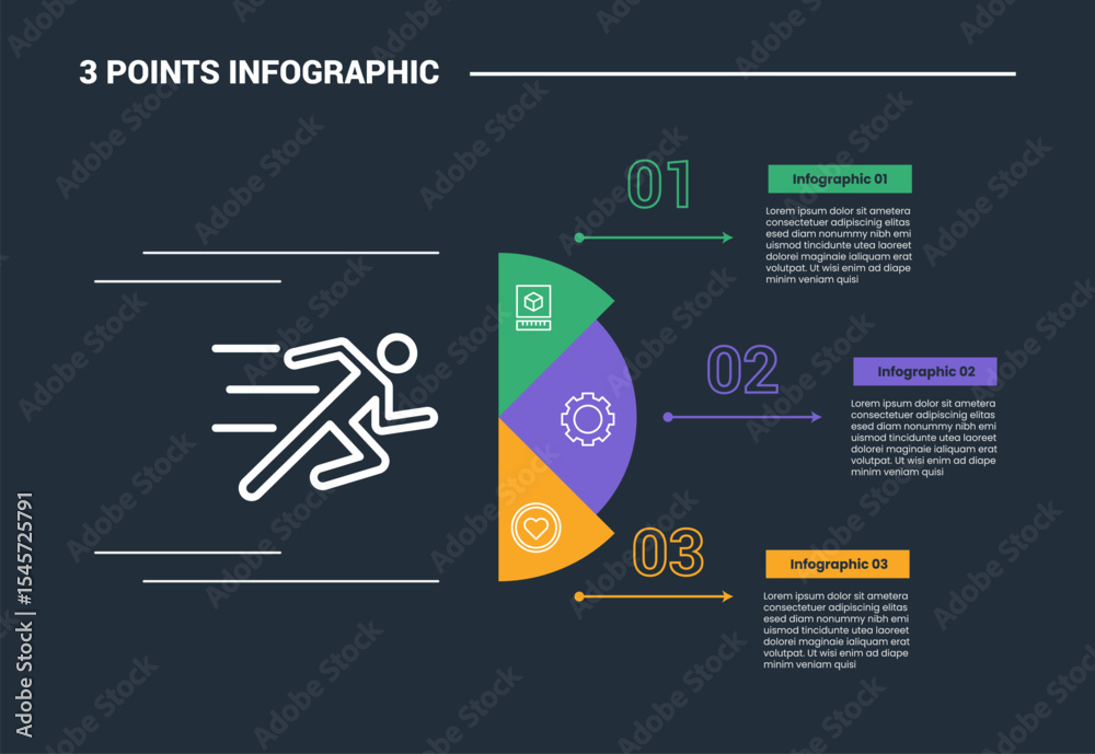 Aufkleber 3 stage infographic process diagram with half circle with dot line pointer with dot line with dark b