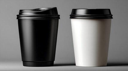 Two Coffee Cups Black Cup and White Cup with Black Lid on Gray Background
