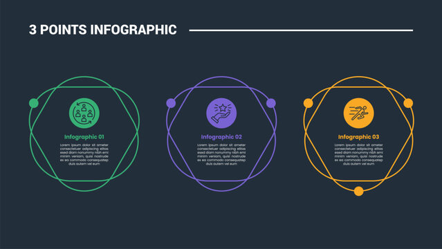 3 stage infographic process diagram with creative circle box stack layer with horizontal direction with dark background bright outline style vector