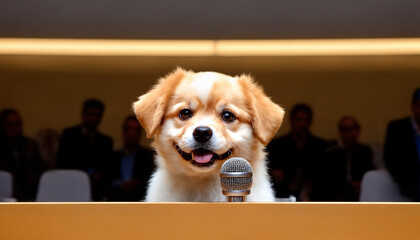 Adorable cream puppy at podium with vintage microphone, professional setting