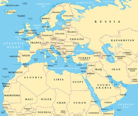 Europe, Middle East, and North Africa, political map with international borders. Overview of the continent Europe, the geopolitical region Middle East, and northern portion of the African continent. © Peter Hermes Furian