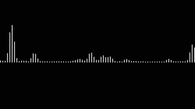 audio wave animation isolated on black background. Line sound wave visualization voice record. White music waves, Line digital voice and soundtrack. audio volume digital pulse. audio bar spectrum.