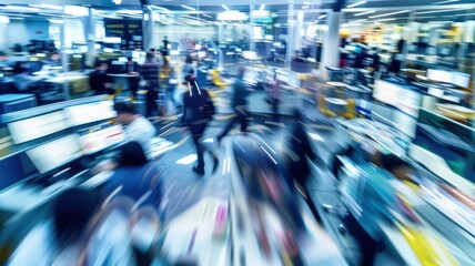 Walking people crowded and bustling office floor with blurred figures rushing past, ringing phones, and flashing screens.