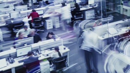 Walking people crowded and bustling office floor with blurred figures rushing past, ringing phones, and flashing screens.