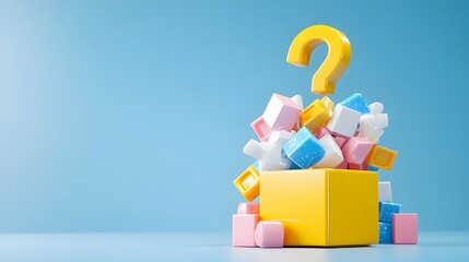 Yellow box, question mark, colorful blocks, blue background, problem-solving
