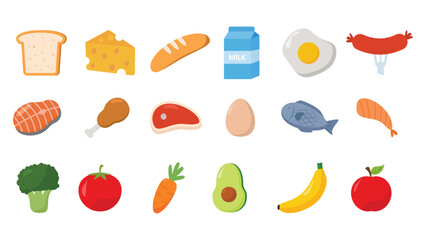Healthy Food Flat Icon Set – Fruits, Vegetables, Meat, Fish, Dairy and Bakery Vector Illustration