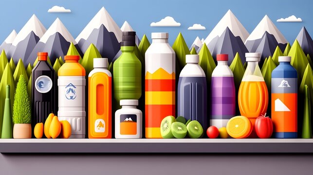 Mountain drinks shelf, colorful beverages, nature background, ad