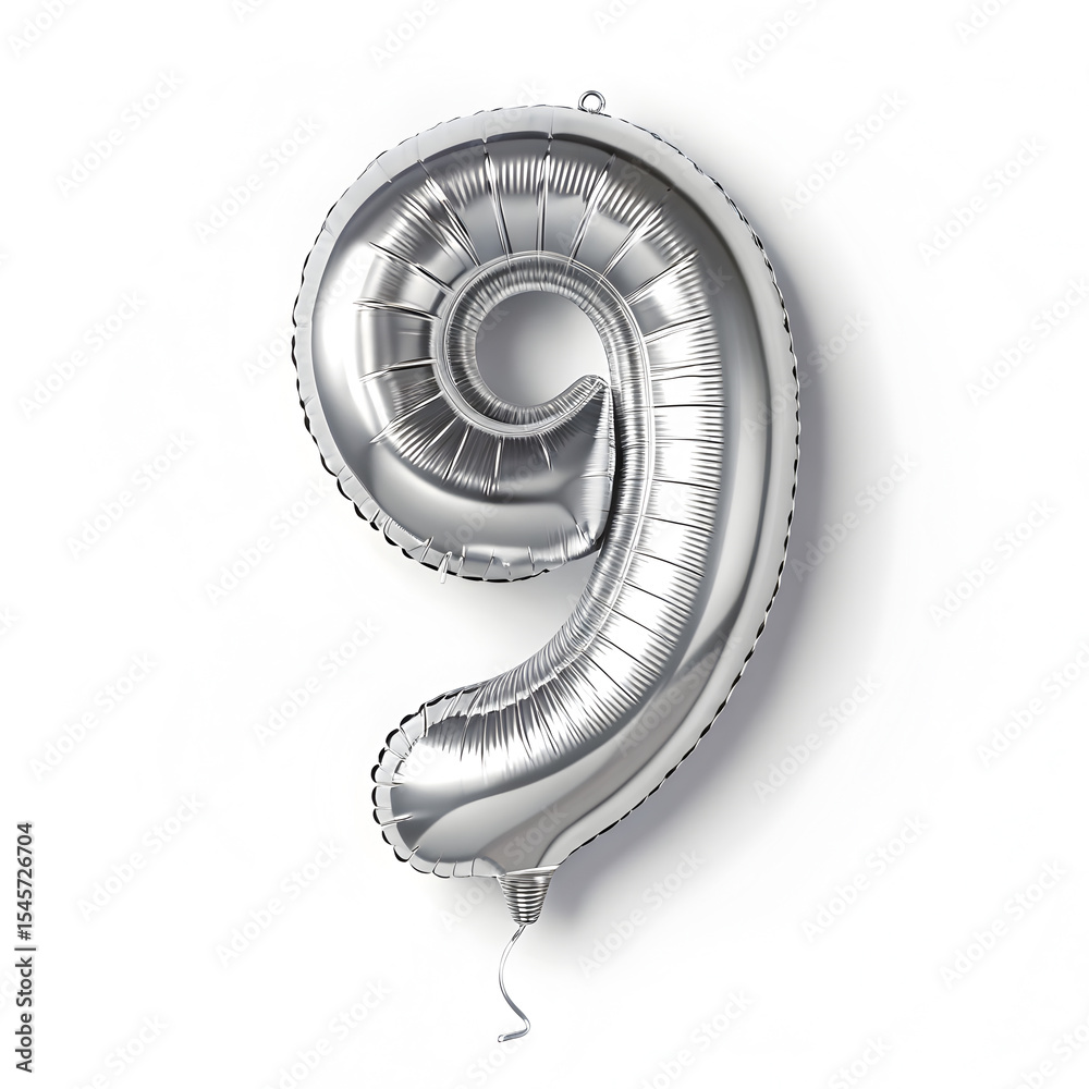 Fototapete a balloon shaped like the number 9 ,silver metallic finish with realistic reflections and smooth tex
