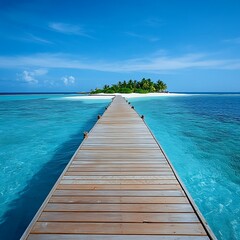 Fototapeta premium Tropical Island Pier Scene; Exotic Turquoise Ocean, Blue Sky and Palm Trees View