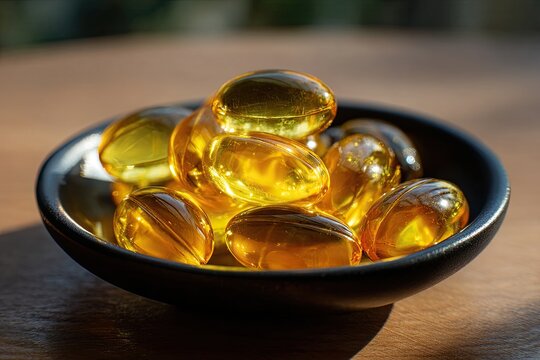 A small dark bowl holds a pile of translucent, amber-colored softgel capsules on a wooden surface, bathed in sunlight - Powered by Adobe