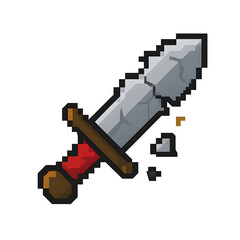 Obraz premium 8-bit pixel art of a broken sword with cloth-wrapped hilt, angled fracture, and scattered fragments — ideal for RPG inventory or story icons