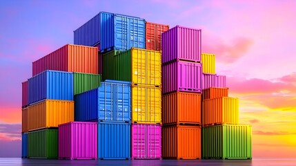 Colorful shipping containers stacked at sunset port