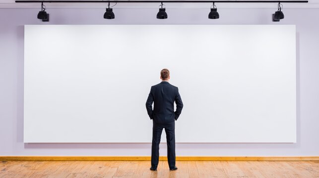 Businessman in Suit Standing Alone in Front of a Large Blank Canvas