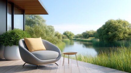 Modern Outdoor Living Space Featuring Cozy Chair with Decorative Cushions and Serene Water View Surrounded by Lush Greenery