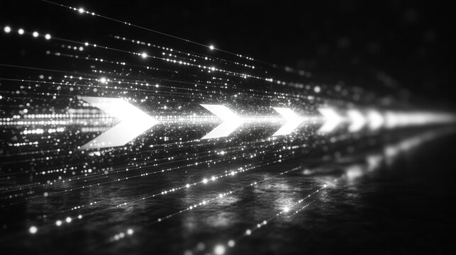 Abstract futuristic design featuring glowing white arrows and light streaks symbolizing speed, direction, and digital flow on a sleek black background. The dynamic composition evokes concepts of techn