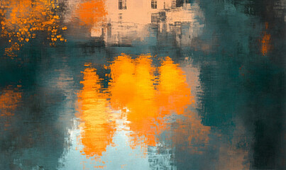 Orange and teal water reflections painted nature scene