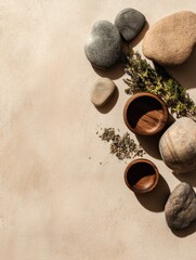 Smooth stones, dried herbs, and small wooden bowls arranged on a beige surface, bathed in sunlight