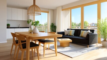 Bright And Airy Modern Apartment Featuring Stylish Dining Area And Cozy Living Room With Large Windows