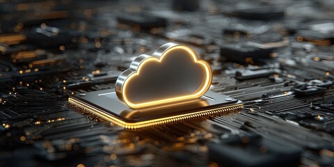 Illuminated cloud symbol rests on a dark metallic circuit board, representing cloud computing technology