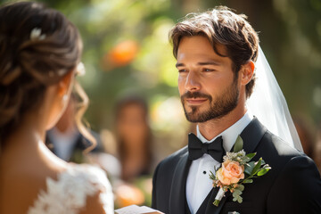Groom gazing at bride during wedding ceremony.