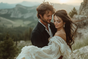 Bride and groom embrace in mountain sunset.