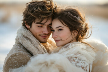 Couple hugging in the snow.
