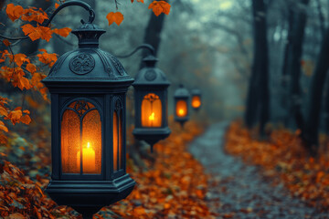 Lantern glowing amidst forest leaves.