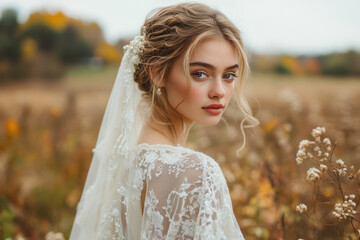 Bride with braid in field.