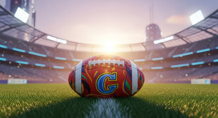 Close-up of a Vibrant American Football on a Lush Green Field in a Stadium
