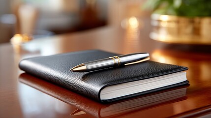 Elegant Leather-Bound Book with Metallic Pen Resting on a Polished Wooden Desk Surface